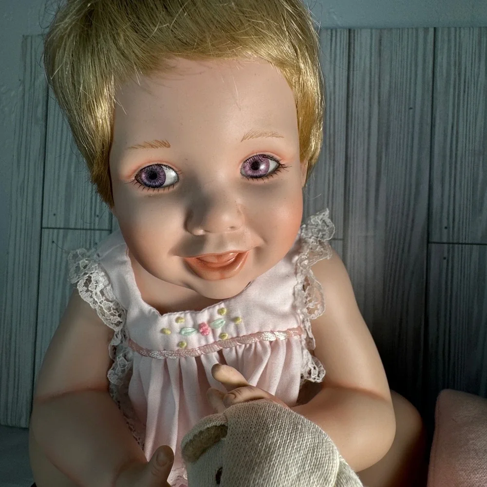 Vintage Ashton Drake 1993 Porcelain Baby Doll Pink Lace Outfit Teddy Bear
